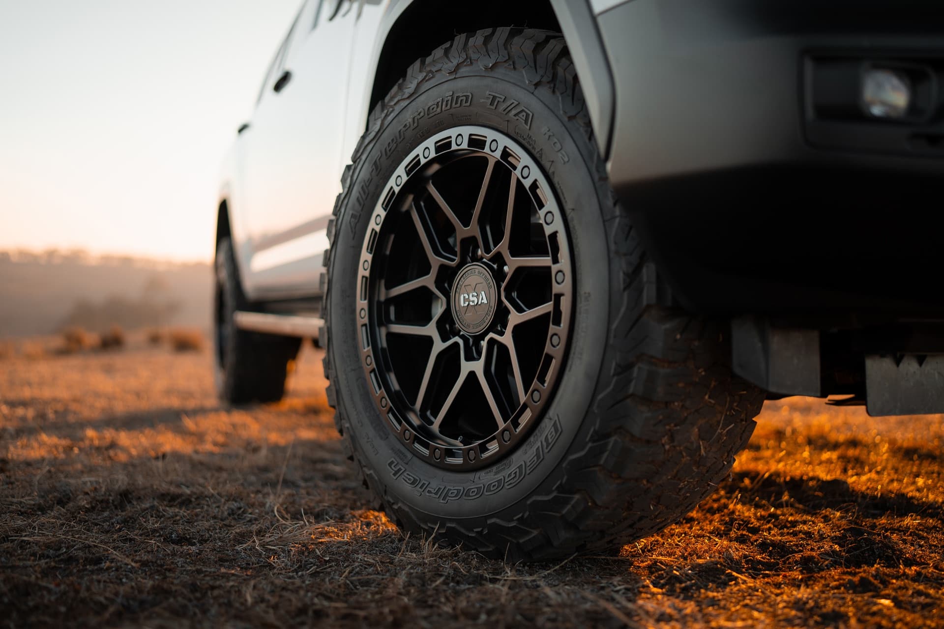 CSA alloy wheel fitted to a 4WD at sunset
