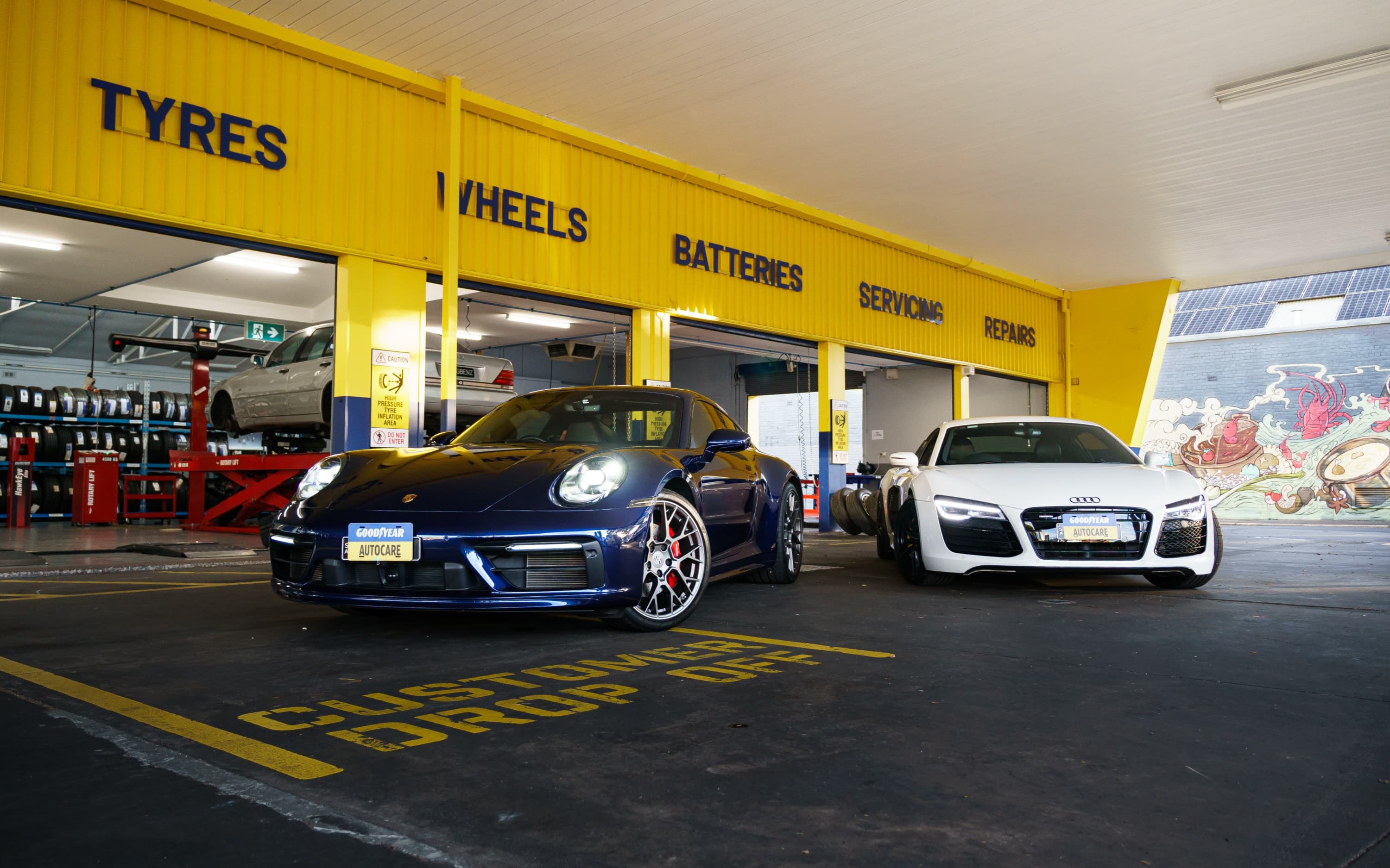 Tyre fitting bay on the forecourt at Goodyear Autocare